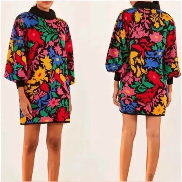 NEW FARM Rio Tropical Garden Sweater Dress Turtleneck Size M - Picture 2 of 13